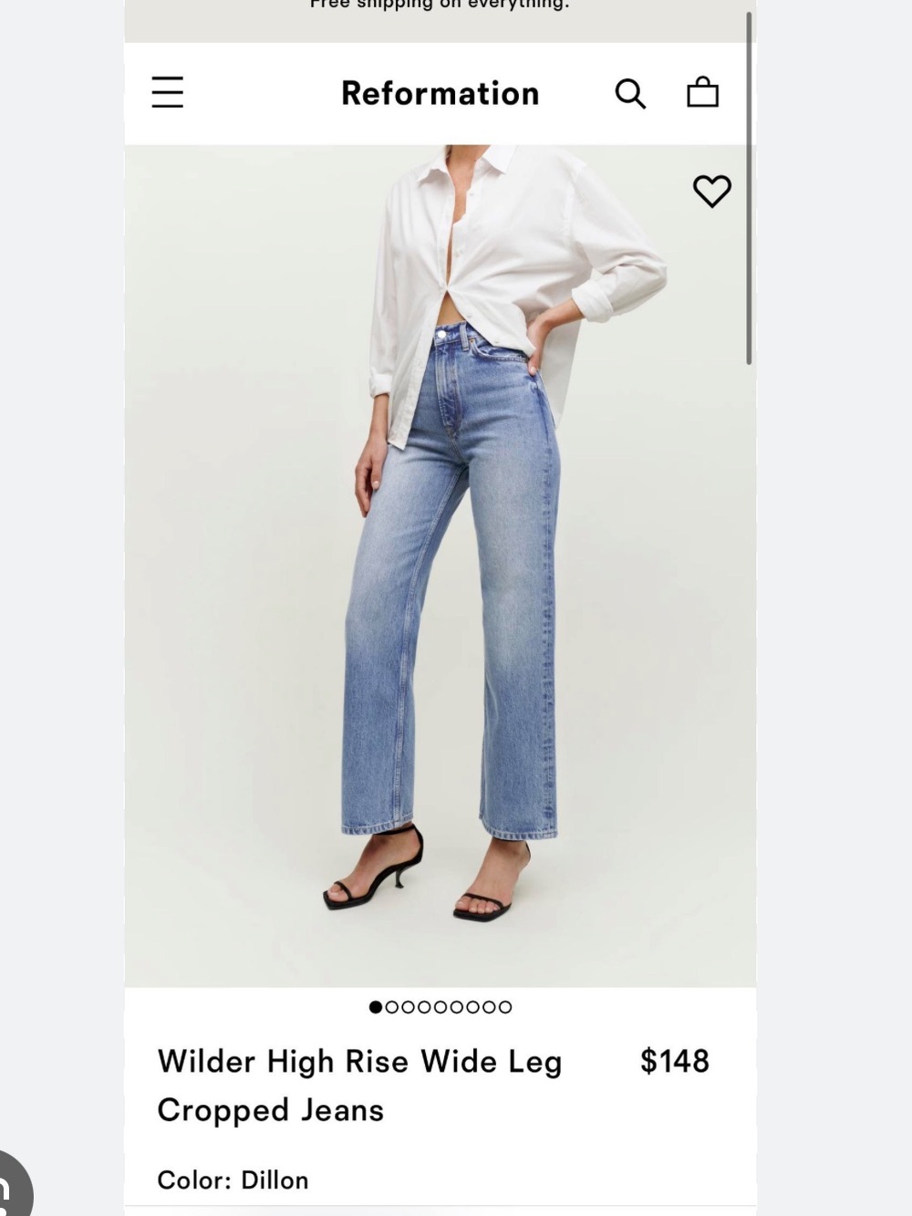 Reformation Jeans in the style Wilder High Rise Wide Leg Cropped Jeans, size 27